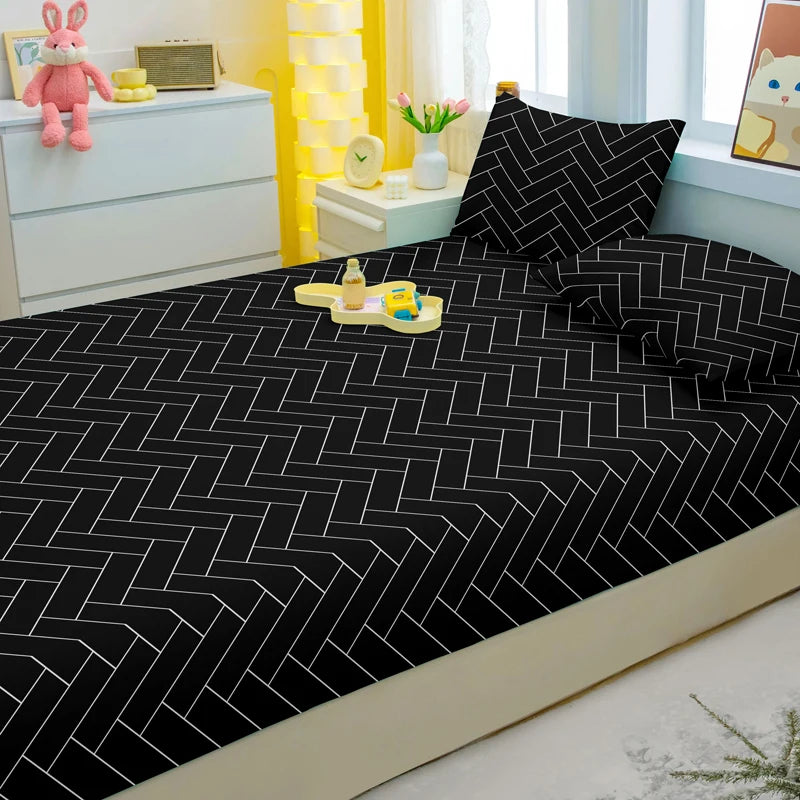 1 Simple Modern Geometry Printed Matte Fitted Sheet, Bedroom Printed Bed Cover, Bedding (Excluding Pillowcases)