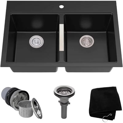 33-inch Drop-In/Undermount 50/50 Double Bowl Granite Kitchen Sink in Black Onyx, KGD-433B