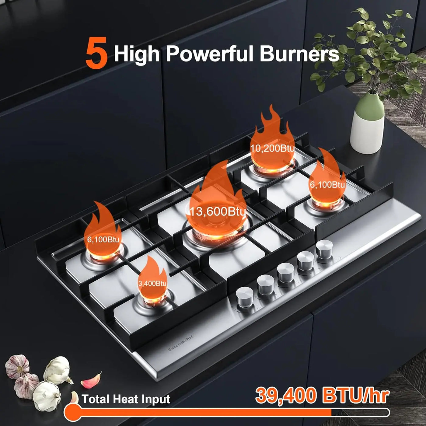 Stove Top with 5 High Efficiency Burners, Bulit-in Stainless Steel Gas Hob for Kitchen, NG/LPG Convertible Gas Stovetop, Thermoc