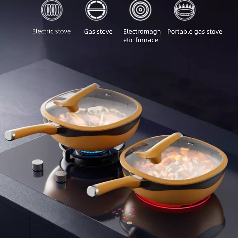 Maibole Titanium 32cm Woks Stone Cast Pan with Non-Stick Coating for Cooking on Induction Stove and Gas Stove Vertical Pot Lid