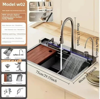 Kitchen Sink, Multifunctional Kitchen Sinks,Stainless Steel Waterfall Smart Washbasin, Multiple Sizes,with Digital Display