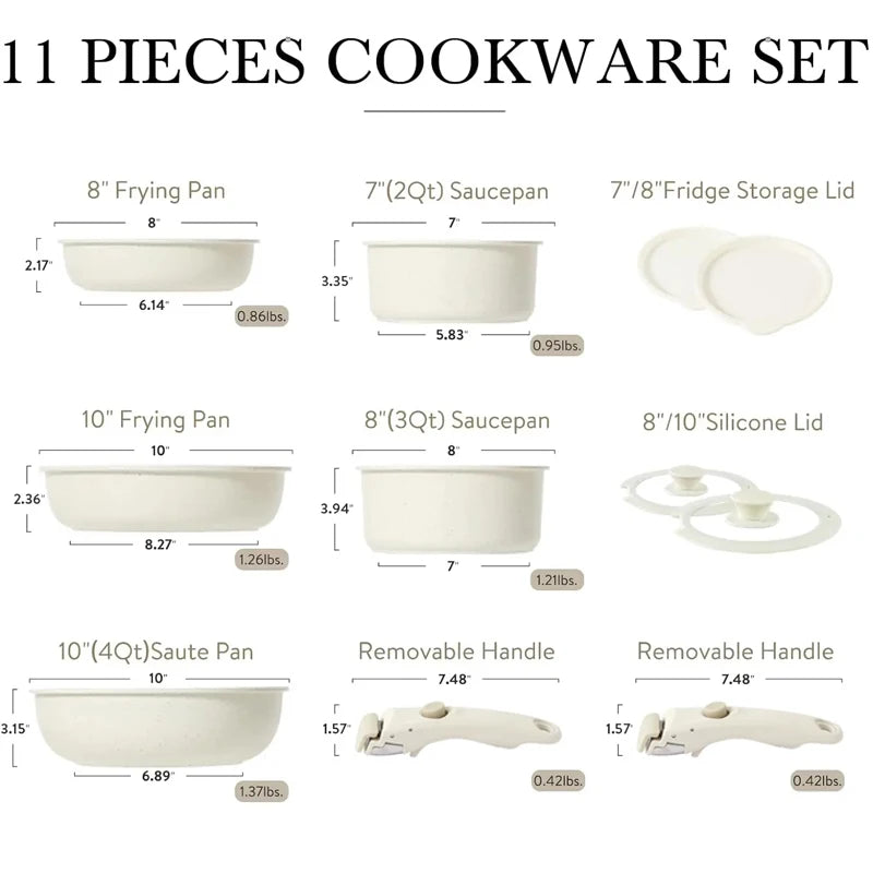 11PCS Pots And Pans Set Non Stick Cookware Sets Detachable Handle Frying Pan Soup Pot Kitchen Cooking Oven Safe Induction Ready