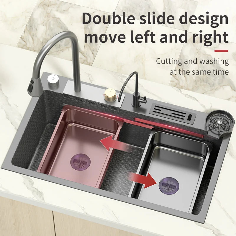 Stainless Steel Kitchen Sink Waterfall Wash Basin Smart Digital Display Embossed Large Single Bowl Multifunctional Dishwasher