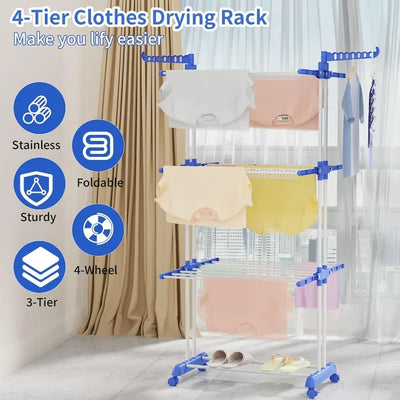 Clothes Drying Rack,Folding Clothes Rail Storage Rack, 4 Tier Clothes Horses Rack Stainless Steel Laundry Garment Dryer Stand