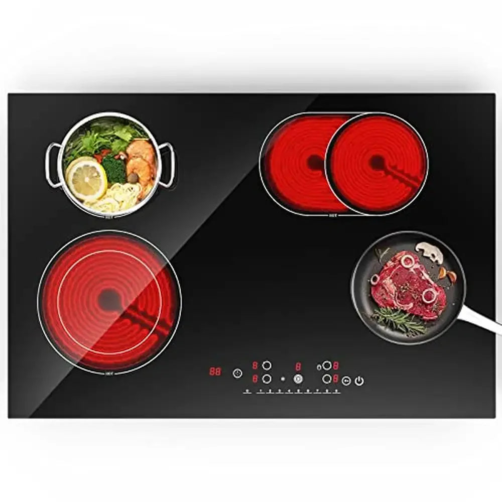 Electric Cooktop 30 Inch 7200W Stove Top 4 Burners Ceramic 9 Heating Levels Timer Kid Safe Touch Control Panel Office Party RV