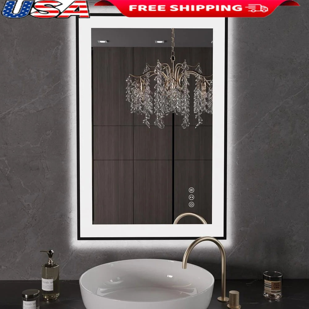 24"x36" Black Framed LED Bathroom Mirror Anti-Fog Dimmable Lighted Vanity Wall Memory Glass Explosion-proof Clear Reflection