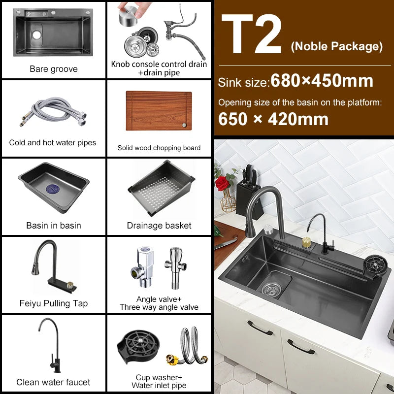 Stainless Steel Kitchen Waterfall Sink Digital Display Large Single Sink Dish Basin Sink With Multifunction Touch Waterfall