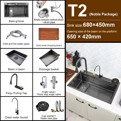 Stainless Steel Kitchen Waterfall Sink Digital Display Large Single Sink Dish Basin Sink With Multifunction Touch Waterfall