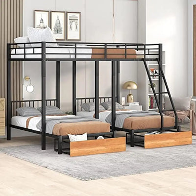 Metal Full/Twin Triple Bunk Bed with Guardrails & Drawers Triple Bunk Bed Frame 3 Kids Space-Saving Noise-Free No Box Spring