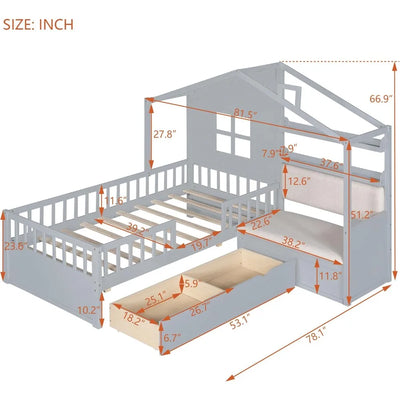 Twin Size House Bed Frame for Boys Girls Kids Adults Toddler with Sofa, Kids Platform Bed with Two Drawers and Storage Shelf