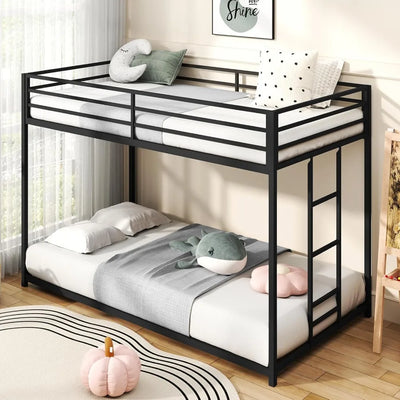 Twin Over Twin Bunk Bed Metal Low Profile Bunkbeds with Full-Length Guardrail and Ladder No Boxing Spring Needed