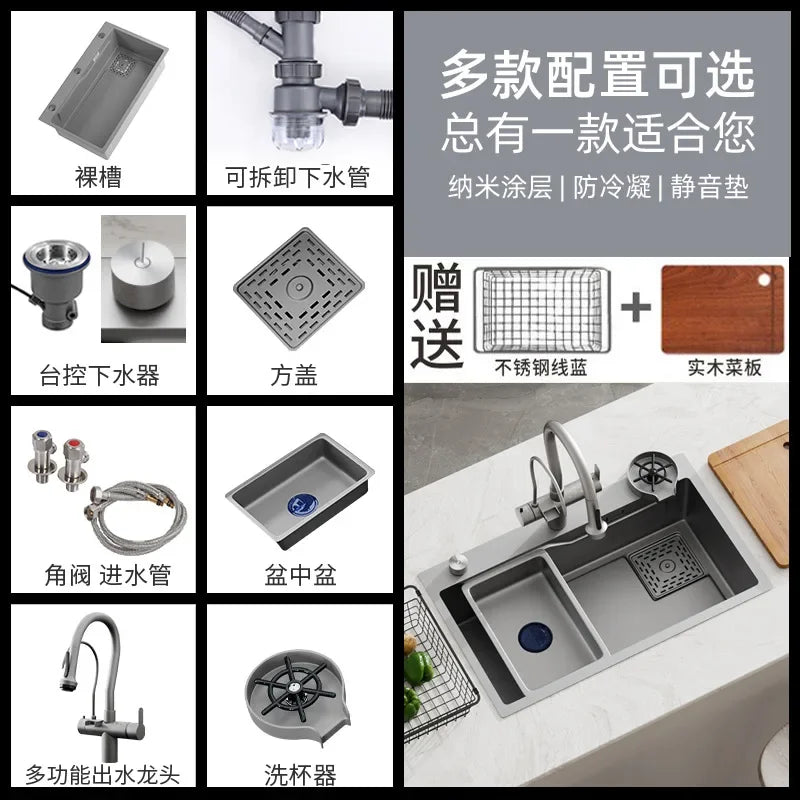 XL Stainless Steel Kitchen Sink Sus304 Nano Gun Gray Washing Basin Household Sink