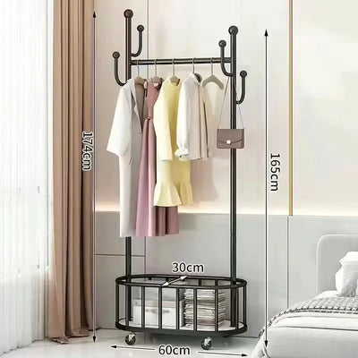 Multifunctional floor coat rack with wheels & Storage Basket movable coat rack home  Living Room bedroom floor hanging coat rack