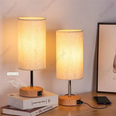 Table Lamp Bedroom Bedside Simple and Creative Touch Dimming Wood Grain Color USB Charging Port Led Small Table Lamp