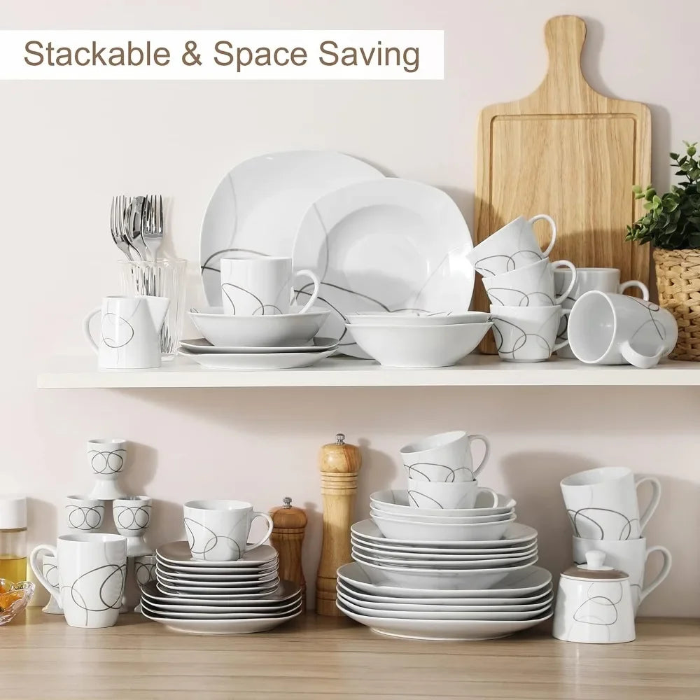 Dish 50-Piece Dinnerware Sets for 6 Kitchen Dishes Cup and Saucer Set Plates Dinner Sets Microwave and Dishwasher Safe Egg Cups