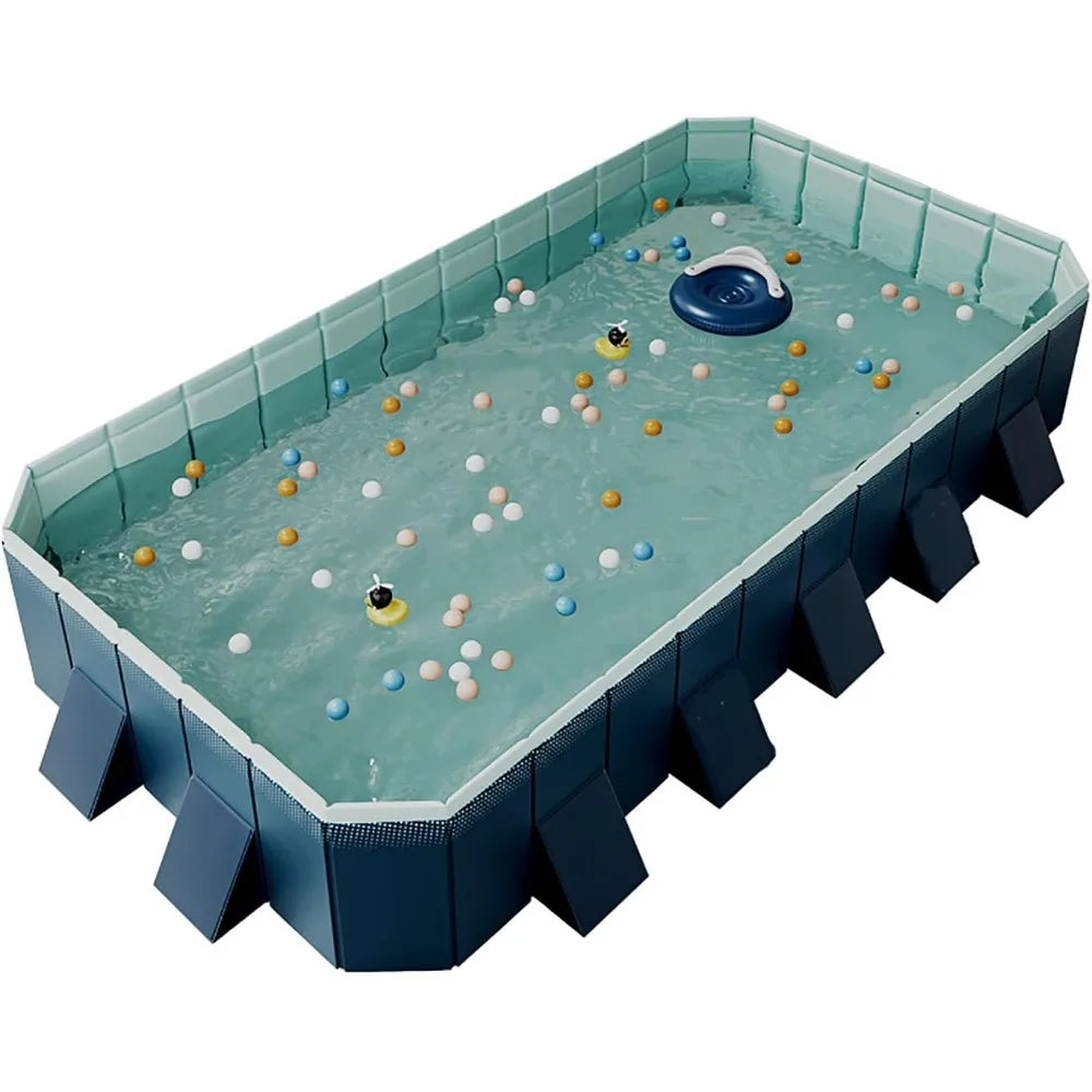 Collapsible Swimming Pool, Rectangular Above Ground Pools with Drain Plug and Drain Hole, Large Summer Outdoor Swimming Pool