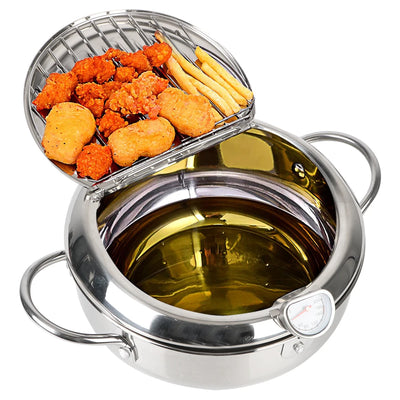 304 Stainless Steel Cooking Tool 2.2L Deep Frying Pot 2 Handles Tempura Fryer Pan With Thermometer and Lid Japanese Style