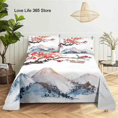 Chinese Ink And Wash Flat Sheet Bedding Digital Printing Polyester Full Size Set Cover With Pillowcase Printed Bedroom Decor