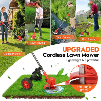 Powsawer Electric Weed Whacker Portable Brush Cutter Mower Cordless Grass String Trimmer Cutter with Wheels 2 Battery 24V 6 inch