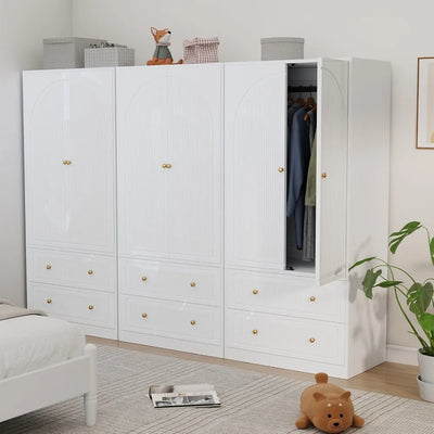 71" Wardrobe Closet with 2 Door & 2 Drawer, Bedroom Wooden Armoire with Hanging Rod Shelf,  w/Gold Handles for Bedroom