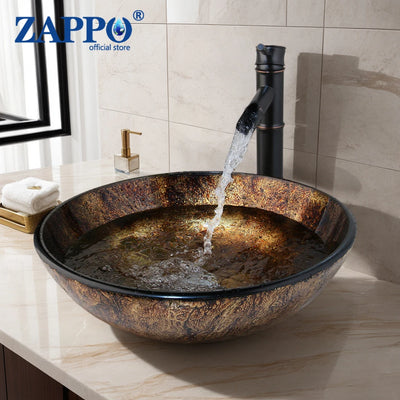 ZAPPO Bathroom WashBasin Round Tempered Glass Vessel Sink Faucet Set Bathroom Glass Basin Faucets Combo Waterfall Mixer Tap