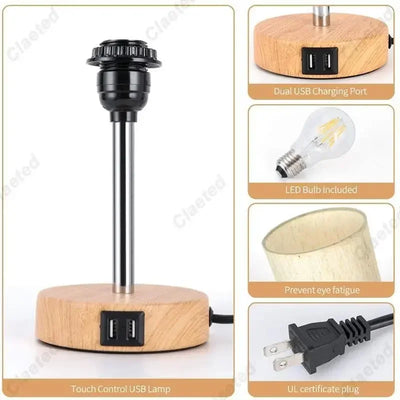 Table Lamp Bedroom Bedside Simple and Creative Touch Dimming Wood Grain Color USB Charging Port Led Small Table Lamp