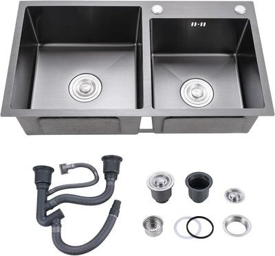 Black Double Bowl Kitchen Sink,Drop ln 30.7x16.9In Nano-Coated Stainless Steel Topmount Bar Kitchen Sink with Drain and Overflow