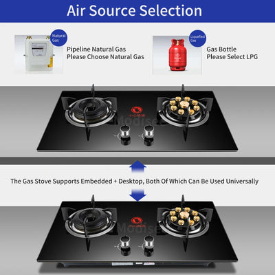 Gas Stove Cooktop Double-Hole Fierce Fire Household Tempered Glass Panel Natural Liquefied 2 Burner Built-in Kitchen Cooker Tool