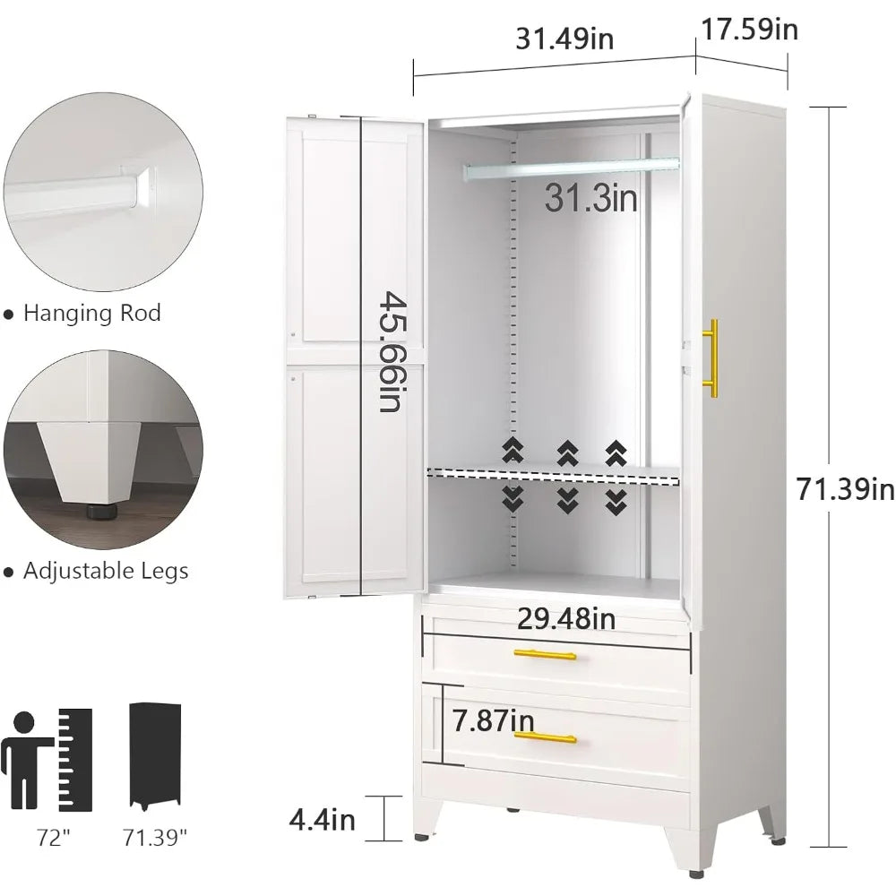 Wardrobe 71" Metal Armoire Wardrobe Closet with 2 Drawers, Freestanding 2-Door Tall Clothing Storage with Adjustable Shelves