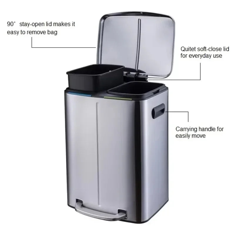 40L Dual Compartment Large Stainless Steel Trash Can Recycling Bin Pedal Bin with Soft Close Kitchen Waste Bin