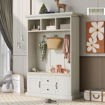 Coat Rack with Storage Bench, Shoe Cabinet with Cube Storage & Shelves, Hall Tree with 8 Hooks for Entryways, Clothes Racks