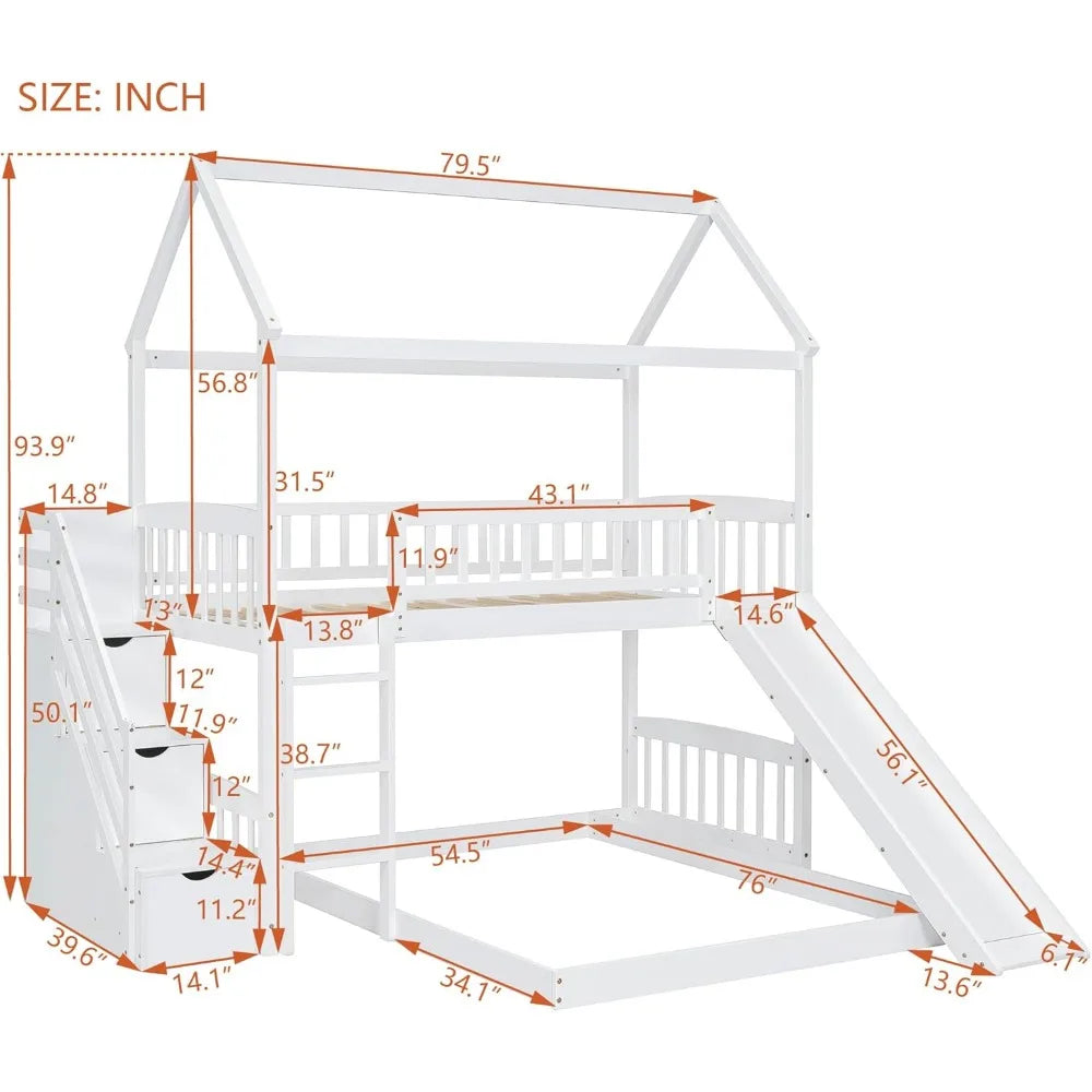 Bunk Bed with Slide, House Bunk Beds Twin Over Twin Stairway Bunk Beds Playhouse Bunkbed with Storage for Kids Toddlers