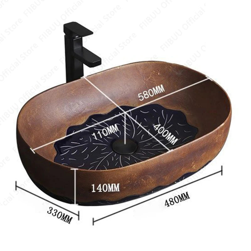 Ceramic Table Sink Bathroom Balcony Lavatory Vanity Sink Above Counter Wash Basin Countertop Vessel Sink Brown Art Basin Bowl