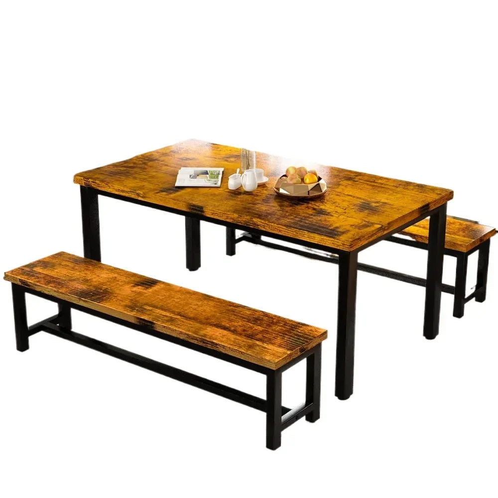 Restaurant dining table set, kitchen set with 2 benches 43.3x23.6x28.5 inches, bench 38.5x11.8x17.5 industrial brown