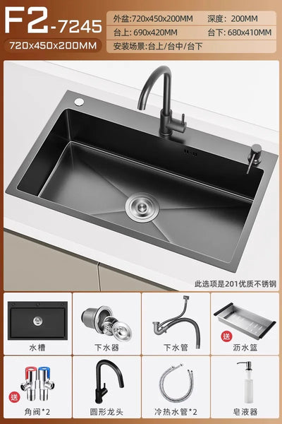 Stainless steel black sink, large single sink, hand-thickened kitchen under-counter basin, vegetable basin, dishwasher