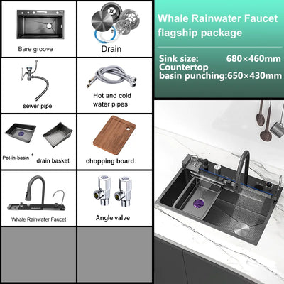 Stainless Steel Waterfall Kitchen Sink Extra Large Single Slot Oversized Sinks Digital Display  Dishwashing Basin