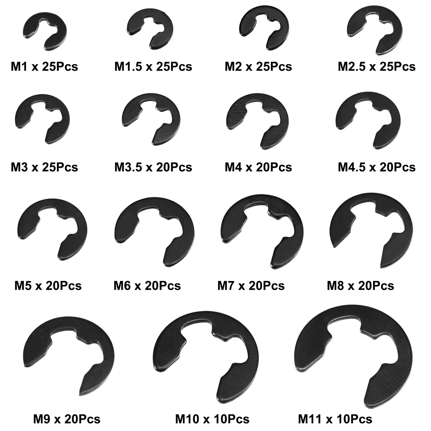 UXCELL 300Pc E-Clip Washers M1 M1.5 M2 M2.5 M3 M3.5 M4 M4.5 M5-M11 Circlip Retaining Shaft Snap Ring Carbon Steel Assortment Set