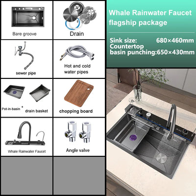 Stainless Steel Kitchen Waterfall Sink Digital Display Large Single Sink Dish Basin Sink With Multifunction Touch Waterfall