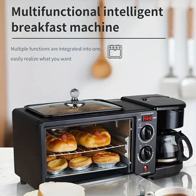 3-in-1 Breakfast Maker Home Mini Electric Oven Bread Maker,600ml Drip Coffee Machine,Non Stick Pan Fry Pan,Can Fry Grill Steak