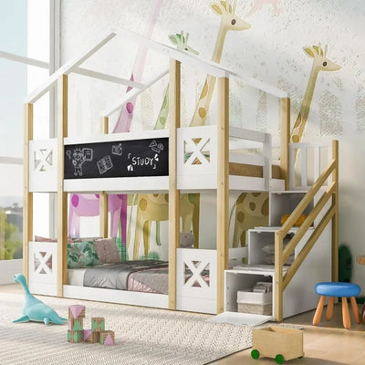 Kids Twin Bunk Bed, Storage Staircase and Blackboards, Wood Floor Bunk Bed Twin Over Twin, House Bunk Bed with Roof, Kids Bed