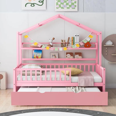 Twin Size House Bed Frame with Trundle,Bed Frame for Kids,House Bed Frame with Shelf for,Twin Size Daybed with Trundle with Slat