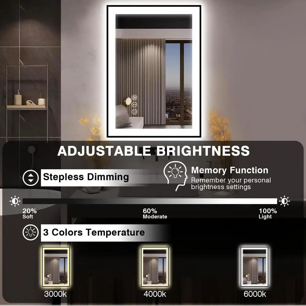 Bathroom Vanity Mirror LED 28x36 Black Aluminum Frame Stepless Dimmable Anti-Fog Touch Sensor