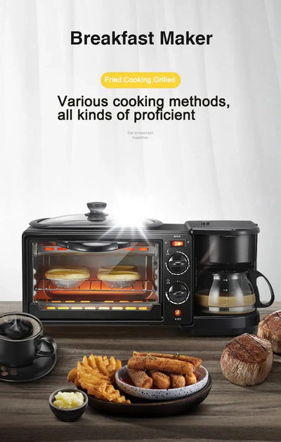 110V Electric Breakfast Machine 3 in 1 Multifunction Breakfast Maker Mini Drip Coffee Maker Bread Pizza Oven Frying Pan Toaster