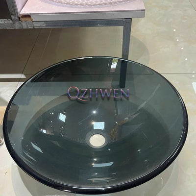 42cm Round Tempered Glass Sink Blue Bathroom Washbasin Hotel Balcony Countertop Art Basin Transparent Bowl Basin With Drain Sets