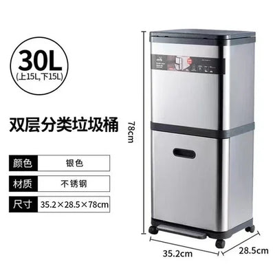 Stainless steel double-layer garbage bin, household alloy, high-end kitchen classification, foot pedal, no bending toilet bucket