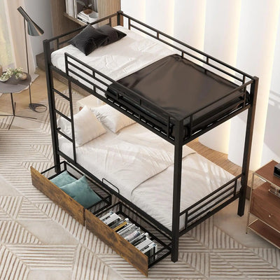 Metal Bunk Bed with Trundle, Twin Over Twin Bunk Bed Frame with Safety Guard Rails for Kids, No Box Spring Needed, Children Beds