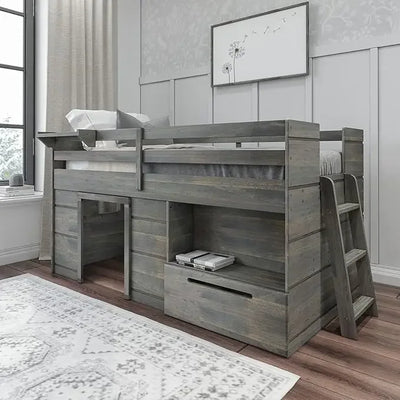 Modern Farmhouse Low Loft Bed, Twin Bed Frame for Kids with 2 Bookcases, Easy To Assembly, Bedroom Furniture Children Beds