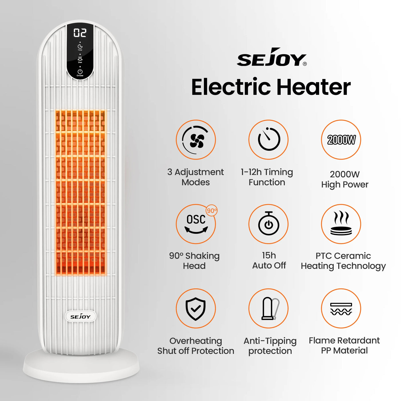 Sejoy 2000W Electric Heater Home 3 gears 220v EU Plug Space Heater PTC Ceramic Heater,with Timing,Automatic Swing,Heating Fans