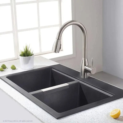 33-inch Drop-In/Undermount 50/50 Double Bowl Granite Kitchen Sink in Black Onyx, KGD-433B