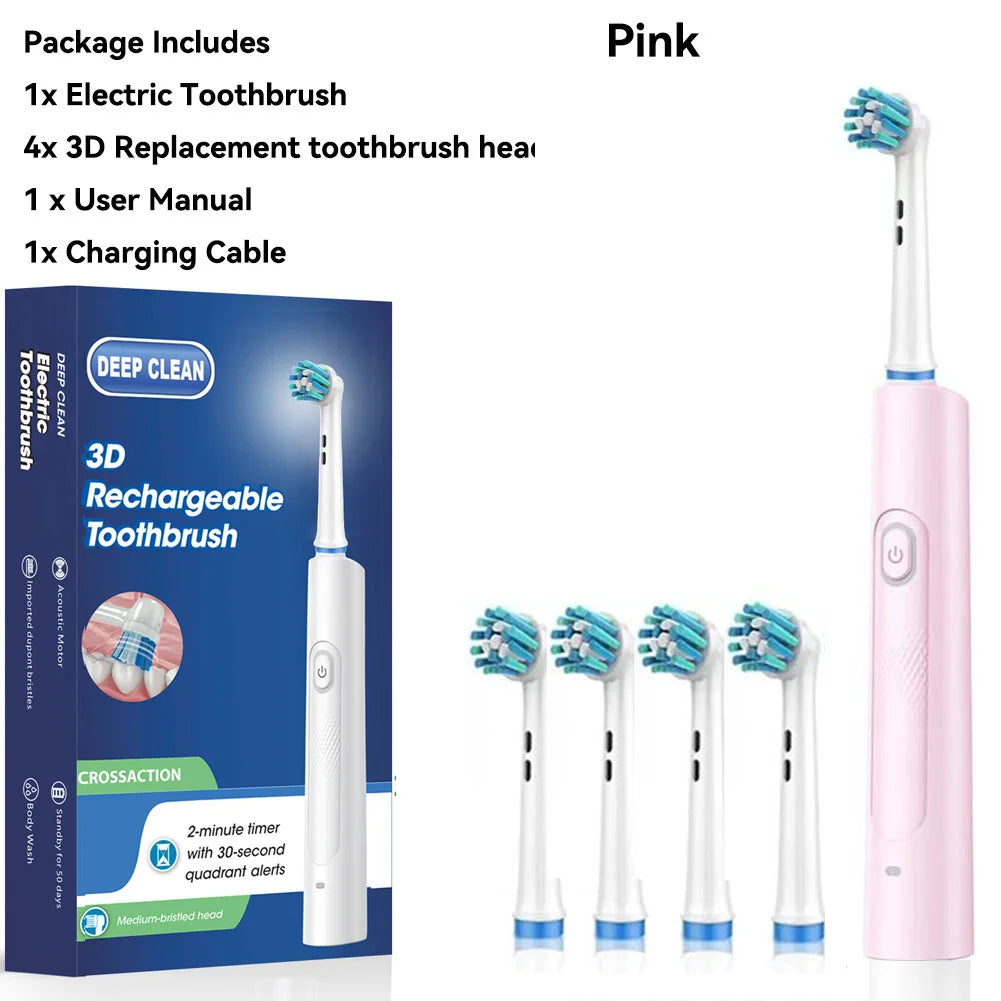 Rotating Electric Toothbrush Black White for Adults with 4 Brush Heads Deep Clean with Rechargeable Power and 2 Min Smart Timer